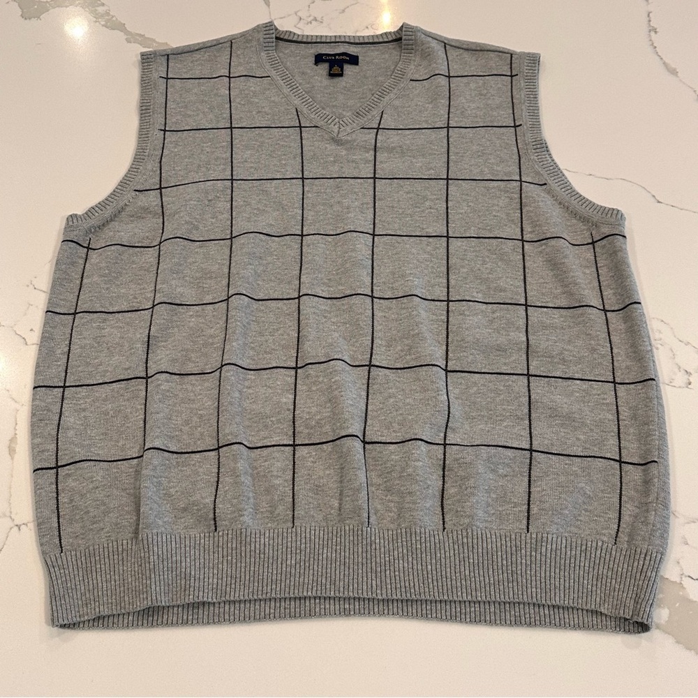 Vintage Club Room Gray Sweater Vest Mens L Windowpane Cotton Preppy Academia 90s